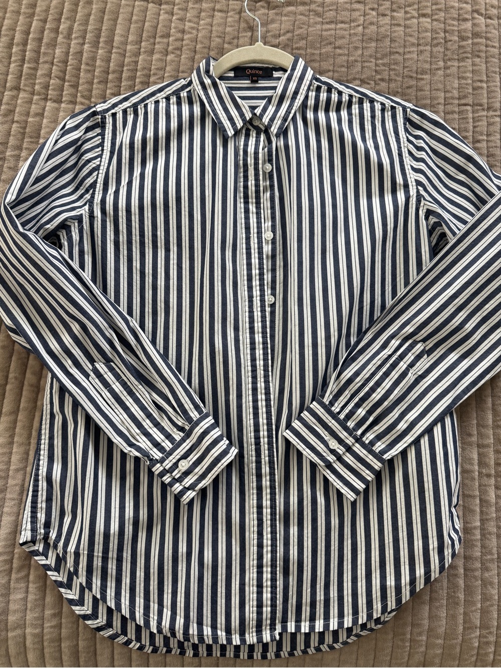 Quince Navy and White Vertical Stripe Button-Down Shirt